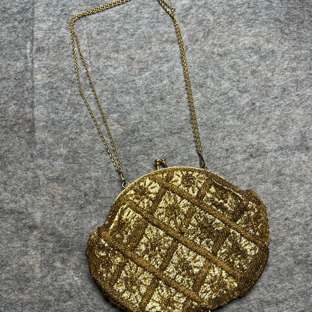 Vintage 1950s Gold Beaded Evening Bag Handbag Purse metallic oval Hong Kong